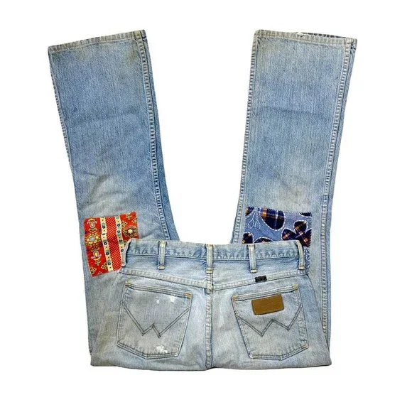 Wrangler Jeans Vintage 70s USA made Bell Bottom Flares Hippie Denim Pants 30x29